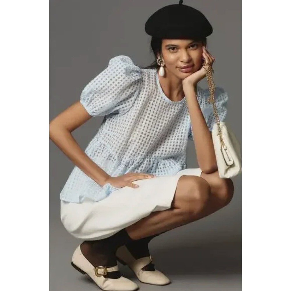 Maeve Anthropologie Blue‎ Sheer Baby Doll Top Blouse XS Extra Small $108 Whimsy